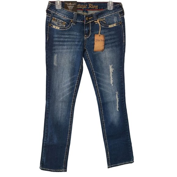 Antique River Womens 27 Blue Dark Wash Denim Distressed Straight Jeans NWT - Picture 1 of 9
